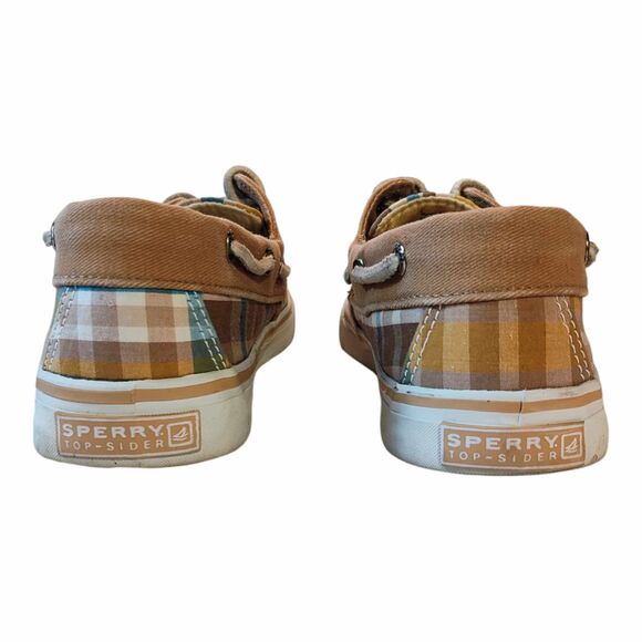 Sperry Top Sider Bahama Boat Shoe Womens Size 7 Brown Camel Plaid Canvas Slip On - Picture 3 of 14